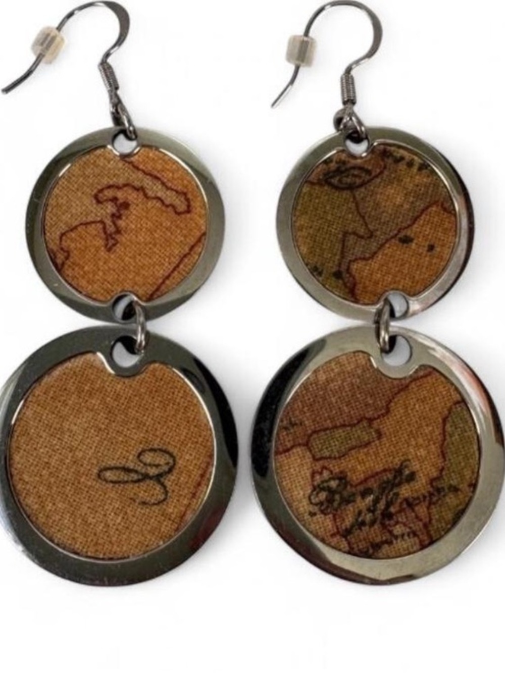 Alviero Martini Round Double-Drop Map Print Dangle Earrings - Brown & Silver! 💥